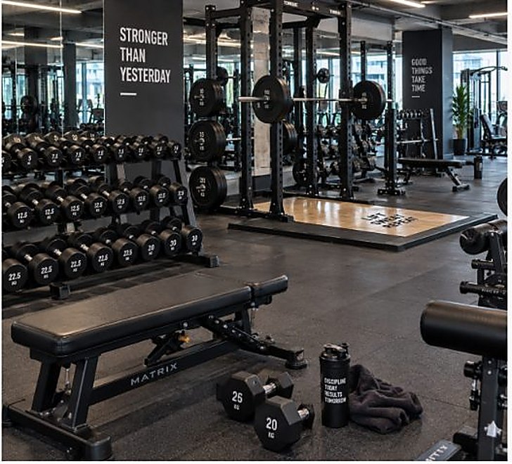 Dumbbell racks along a gym wall.