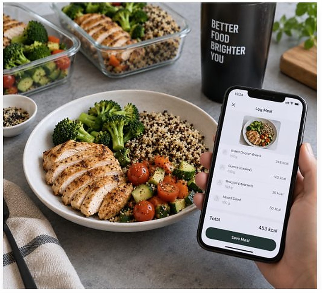 Prepared meals portioned into containers.
